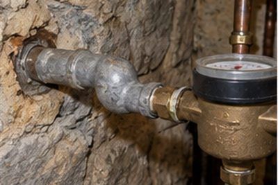 Old lead water service line entering a basement wall beside a water meter in a pre-war Delaware home