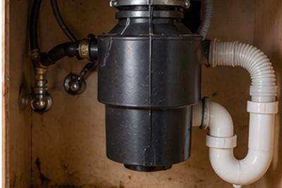 Garbage disposal unit mounted under a kitchen sink with drain plumbing visible in a Newark, Delaware home