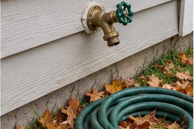 Outdoor hose bibb on the exterior wall of a house with a disconnected hose coiled on the ground, autumn leaves around