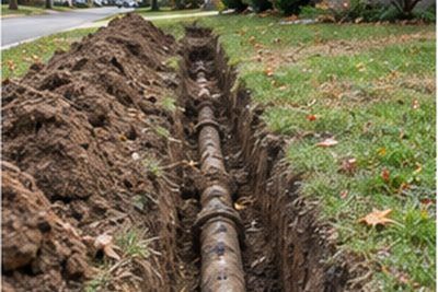Excavated trench exposing an old water service line running from the street toward a house in Newark, Delaware