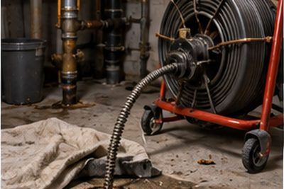 Drain cleaning cable being fed into a basement cleanout in a Newark, Delaware home
