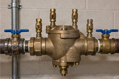 Reduced pressure zone backflow preventer with test cocks mounted on a commercial water line in Newark, Delaware