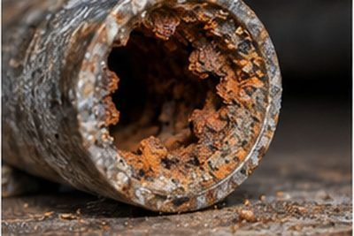 Cut section of corroded galvanized steel pipe showing severe internal rust narrowing the bore