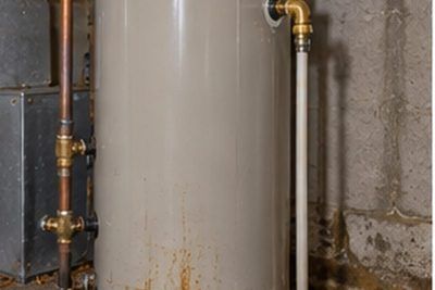 Gas water heater in a basement utility area with copper connections and a temperature and pressure relief valve visible